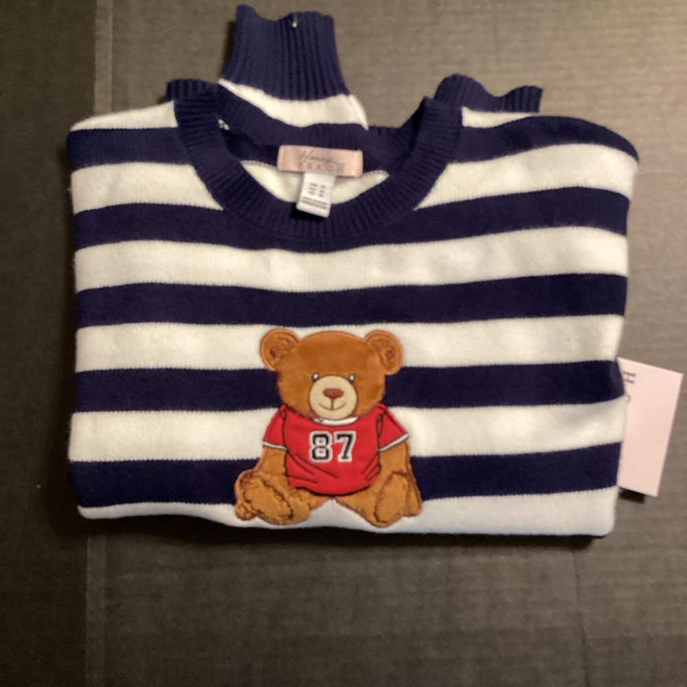 Navy and White Striped Sweater with Bear Patch